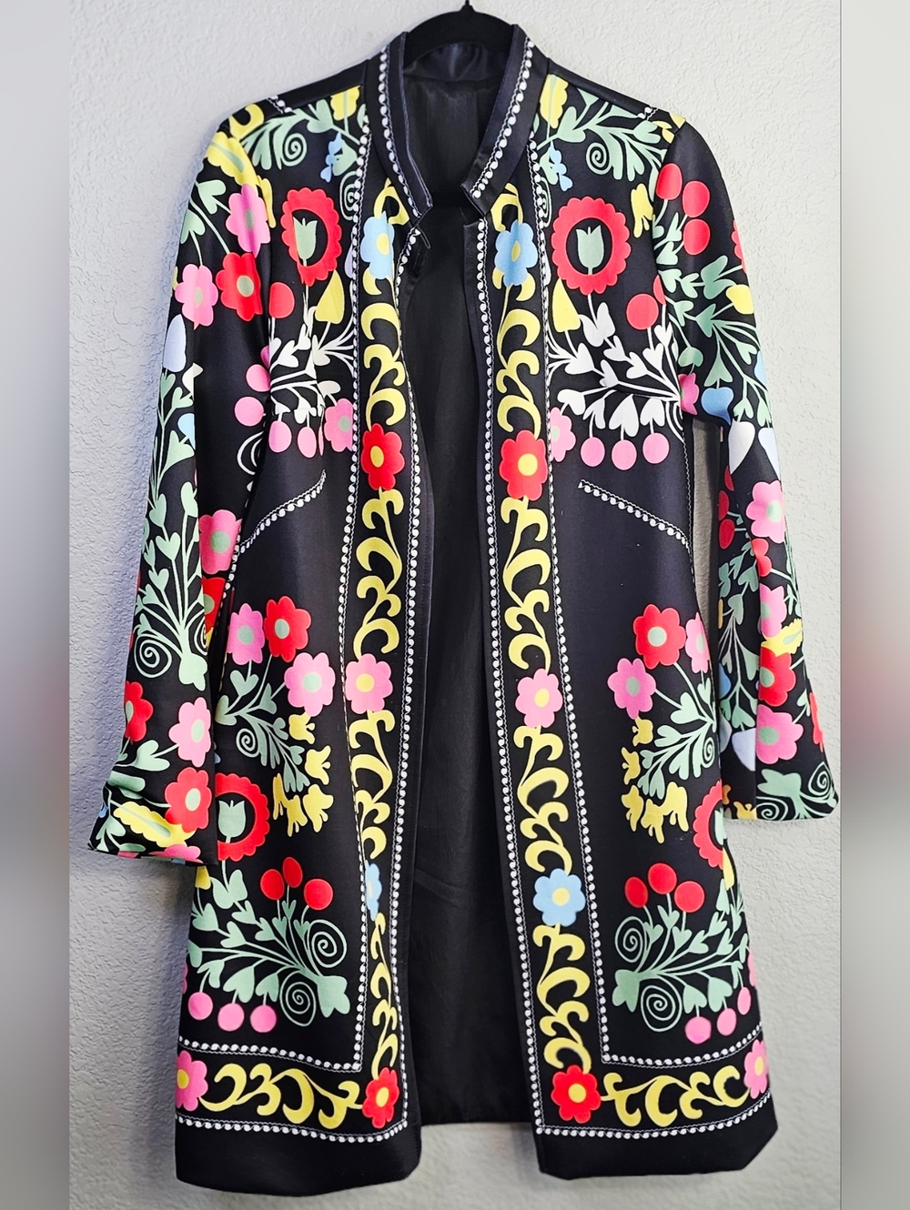 Bold Floral Duster Kimono Jacket XL Black Retro Folk Art Statement Layer